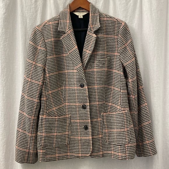 Vintage L.L. Bean Wool Women's Blazer Black Pink Cream Houndstooth Size L - Picture 1 of 8